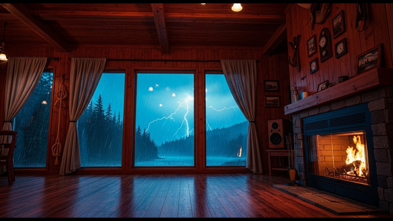 INSANE Thunderstorm Night in Cozy Cabin 🔥 Relaxing Rain & Fireplace Ambience 4K