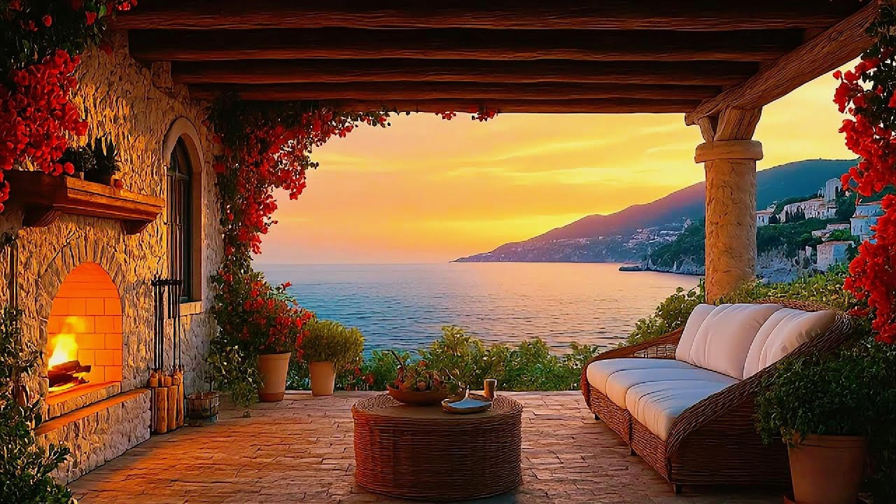❗ Gemütliche Terrasse in Bergambiente mit Kamin und Sofa mit Blick auf das Meer bei Sonnenuntergang.