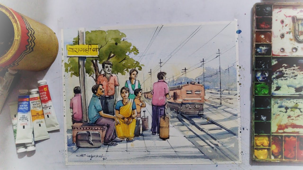 Railway station composition /water colour/Ajay Prakash/Prakash fine arts/BFA/tutorials for beginners