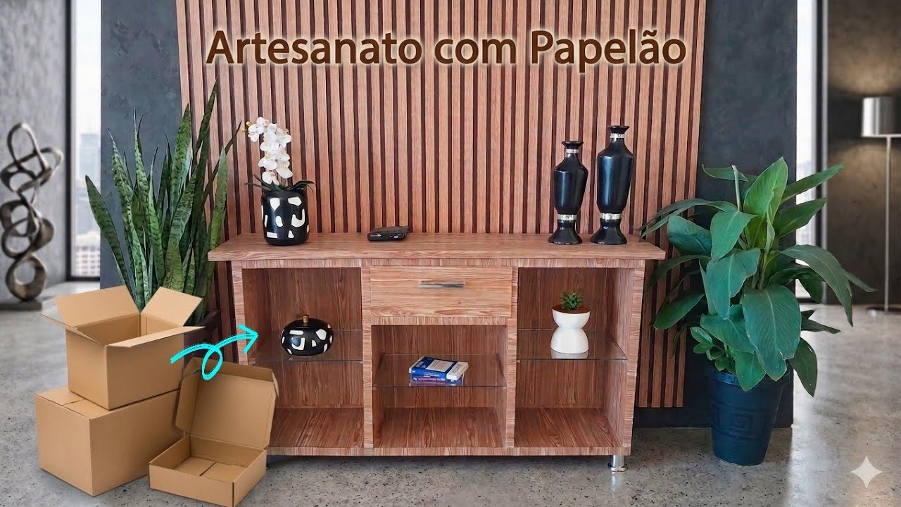 DIY COMO FAZER UM RACK PARA TV SUPER RESISTENTE FEITO COM CAIXAS DE PAPELÃO | MÓVEIS DE PAPELÃO