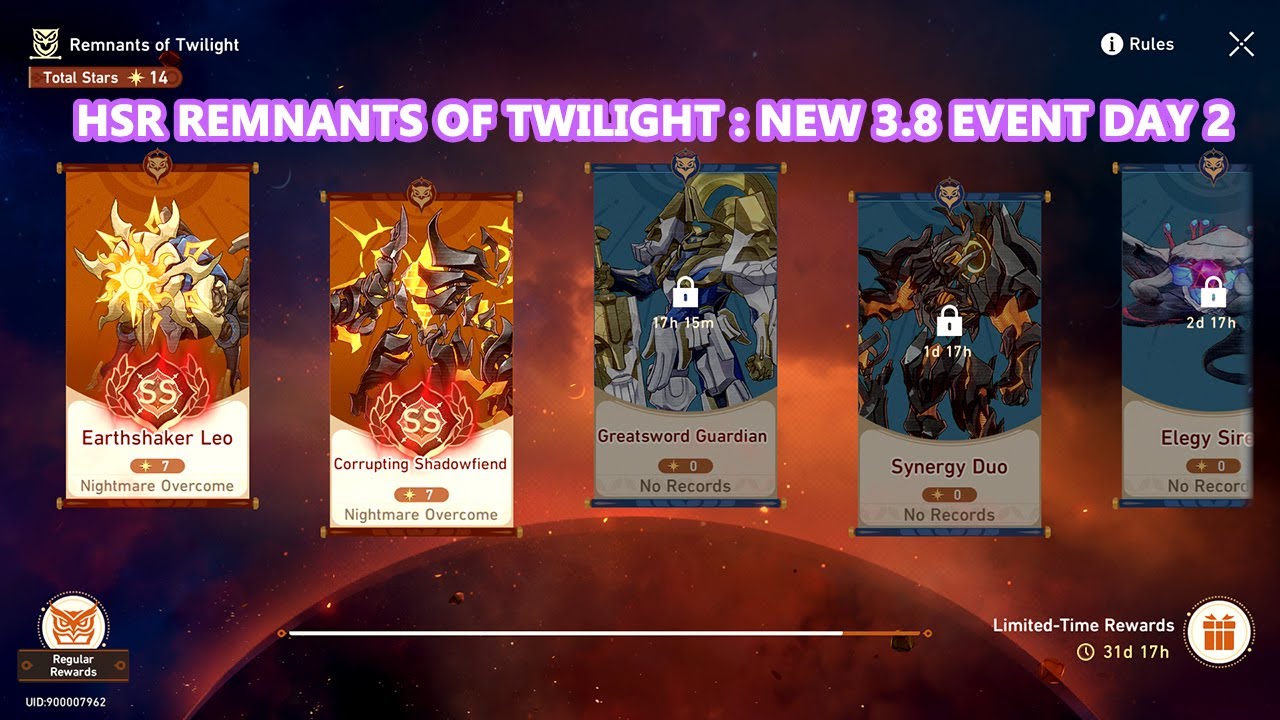 HSR Remnants of Twilight : New 3.8 Event Day 2 - Free Trial Character SS Rank Gameplay