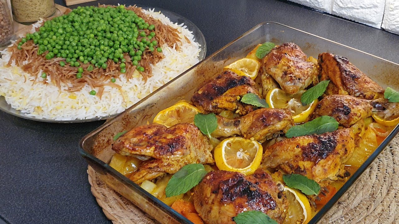 سريعة التحضير ألذ صينية دجاج بالثوم والليمون😋 مع اطيب رز حتعتمدوه دائما|دجاج ذايب🤤Grilled chicken
