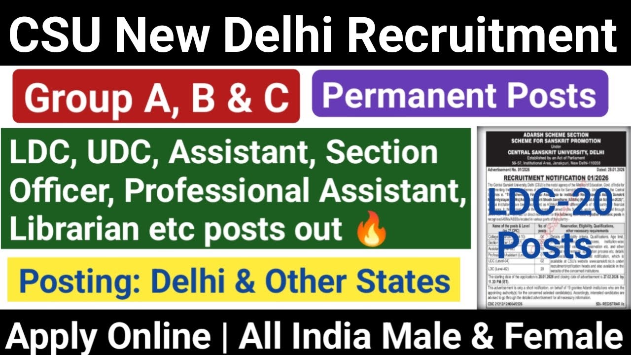 CSU New Delhi Group A, B & C Recruitment 2026 Out 🔥 Permanent Central Govt Jobs| All India Posting 