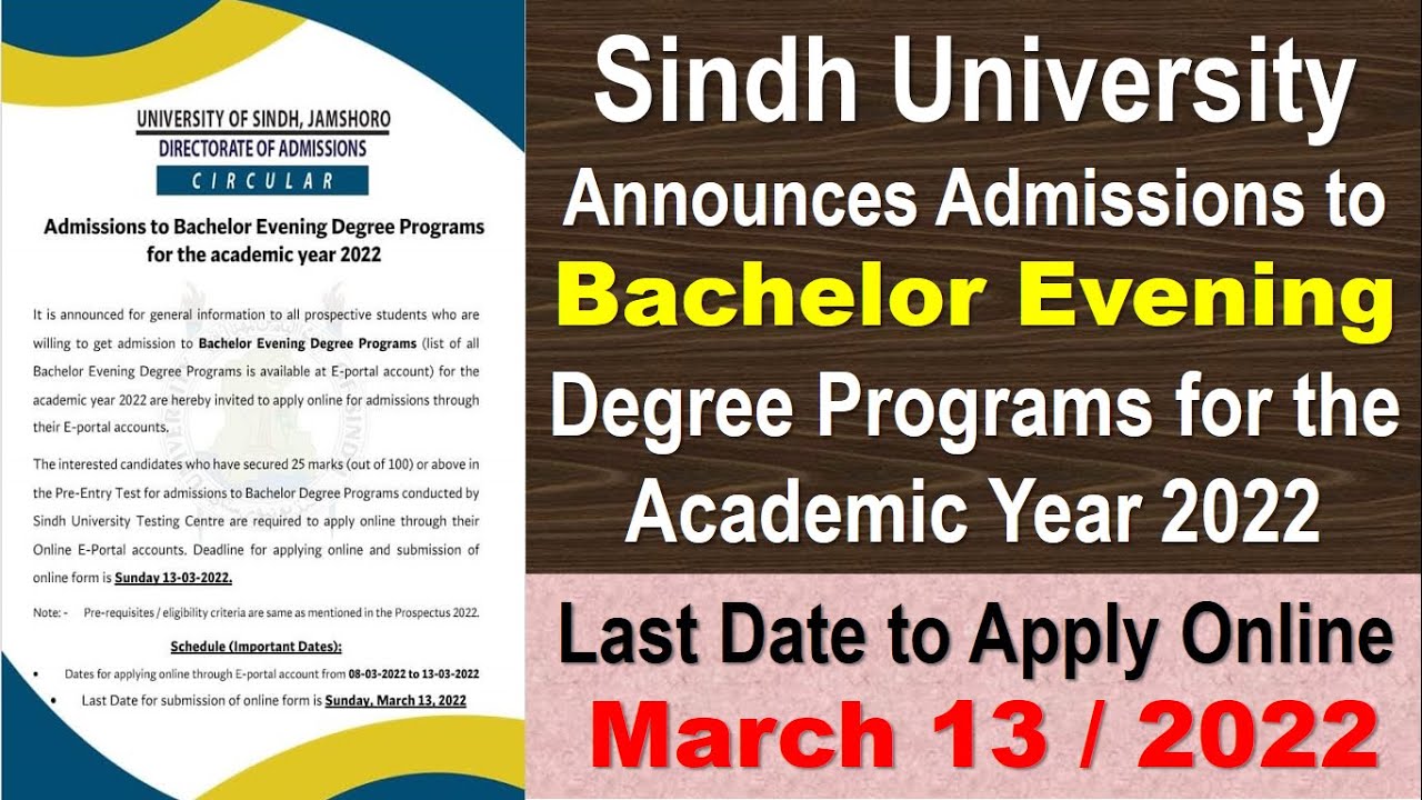 Sindh University Announces Bachelor Evening Degree Program Admissions 2022 | Evening Admission 2022