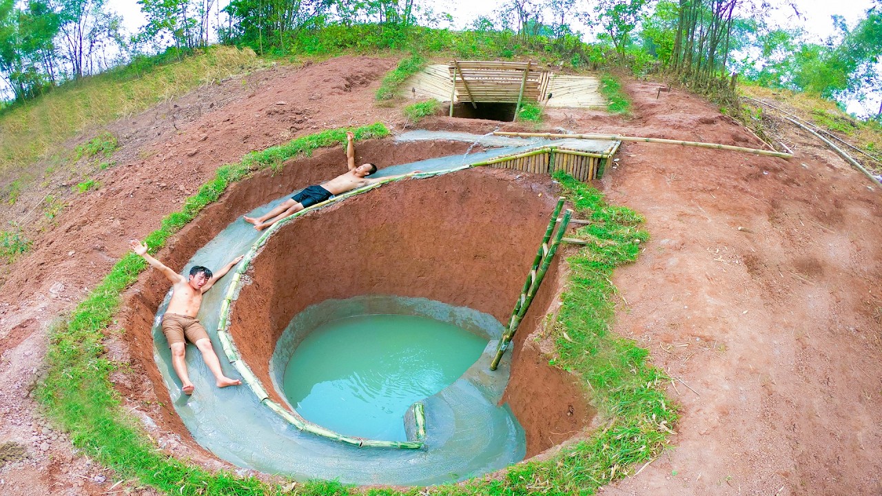 100 Days Building A Million Dollar Swimming Pool With Water Slide Around A Secret Underground House