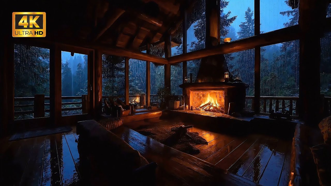 4 Hours Cabin Ambience | Fireplace & Night Rain | Dağ Evi Ambiyansı | Şömine Ateşi & Gece Yağmuru 4K