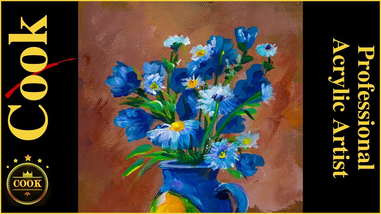How to Paint a Vase of Beautiful Bright Blue Wildflowers in  Acrylics  Fast and Easy - Ginger Cook