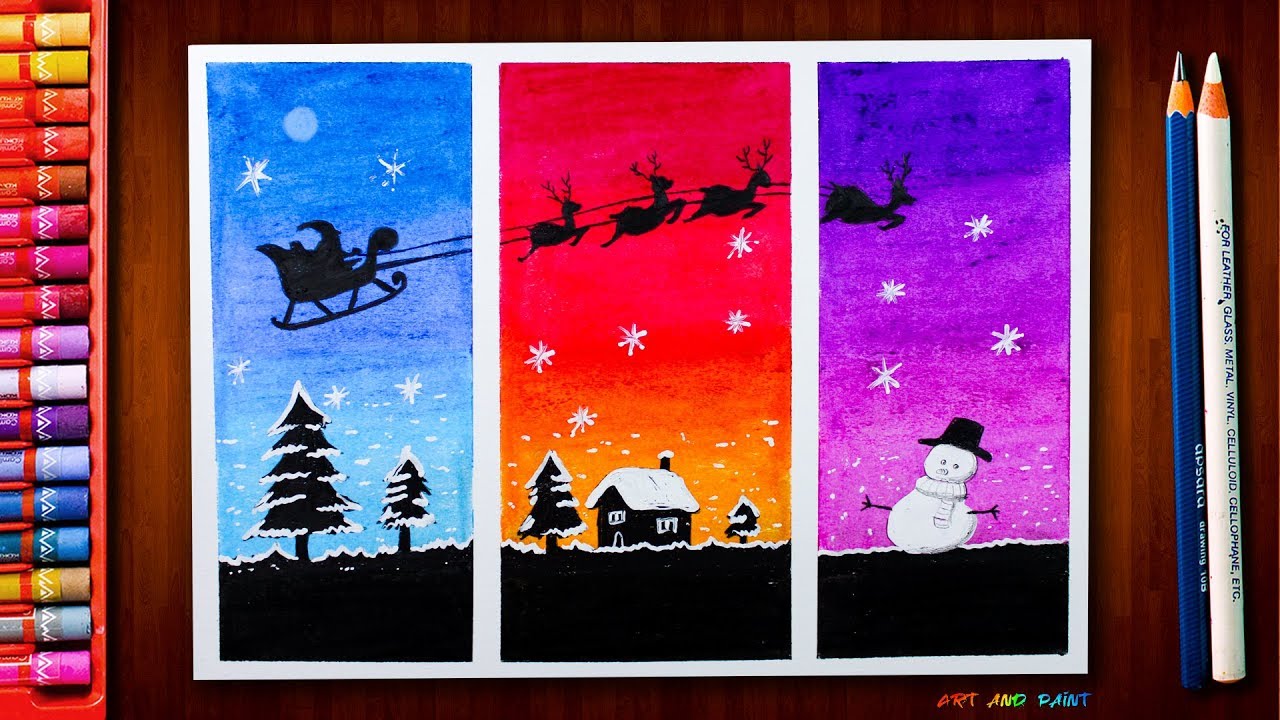 Beautiful Christmas scenery in 3 frames with oil pastels - step by step Drawing for Beginners