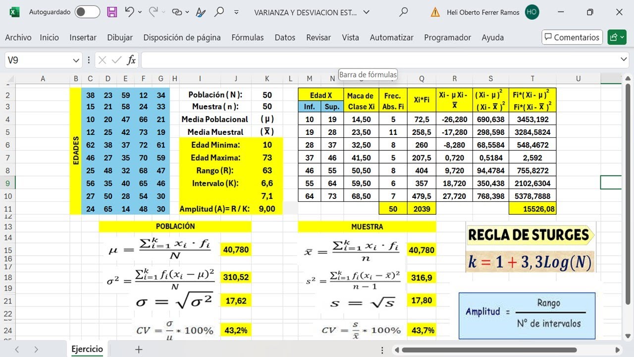 Medidas de Dispersión Para Datos Agrupados en Intervalos en Excel- Población y Muestra (µ x̅ σ2 S2 )