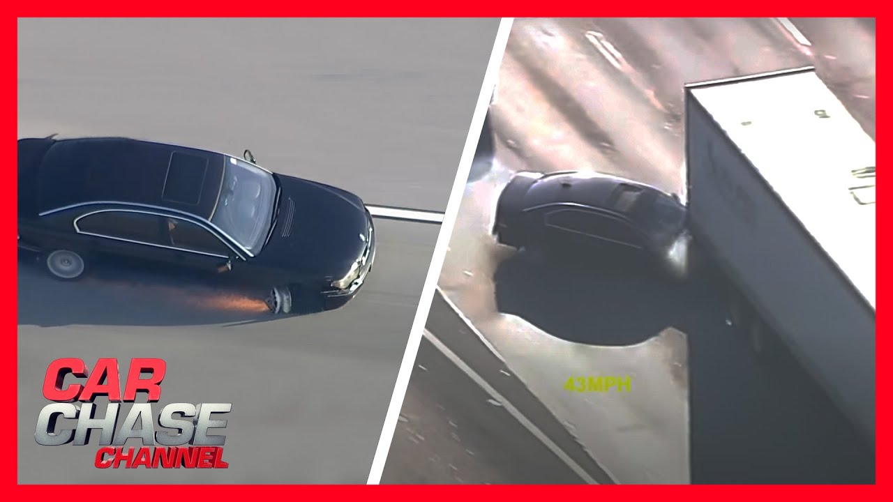 WILD CHASE (NO AUDIO): BMW slams into semi at end of lengthy high-speed pursuit | Car Chase Channel
