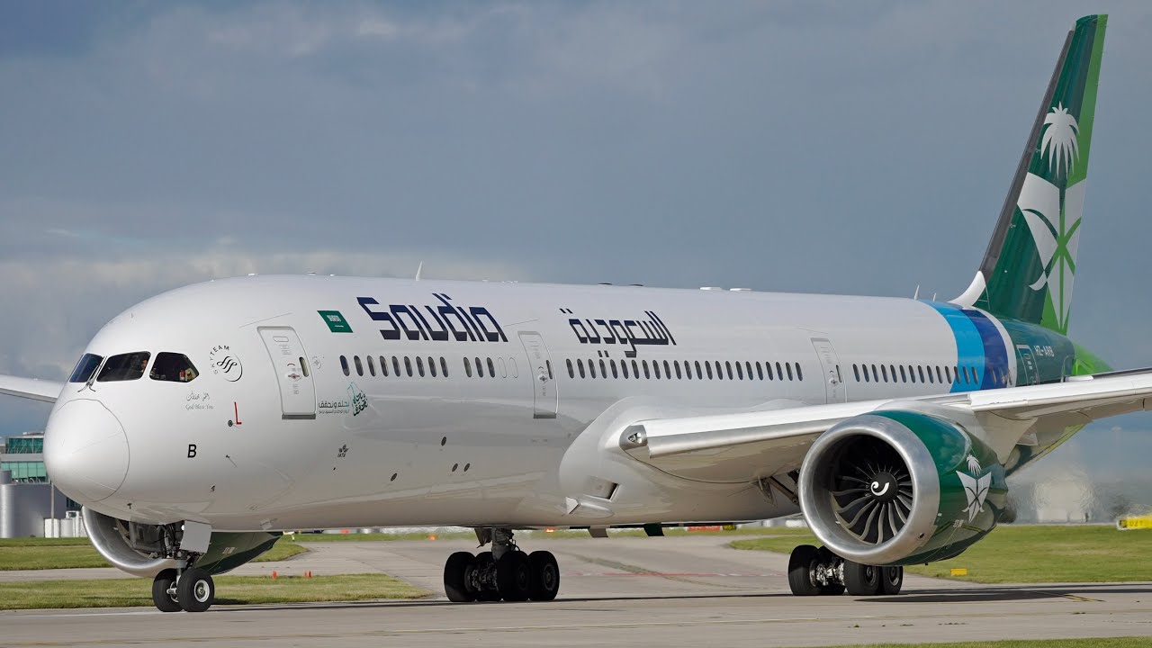 Saudia Airlines Special 2024 National Day Livery Departing Manchester Airport