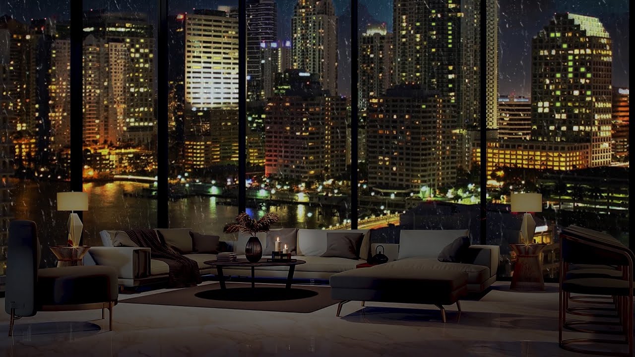 Cozy Apartment in Miami, Florida. Rainy Night in Miami & Skyline View | 4k | 8Hours