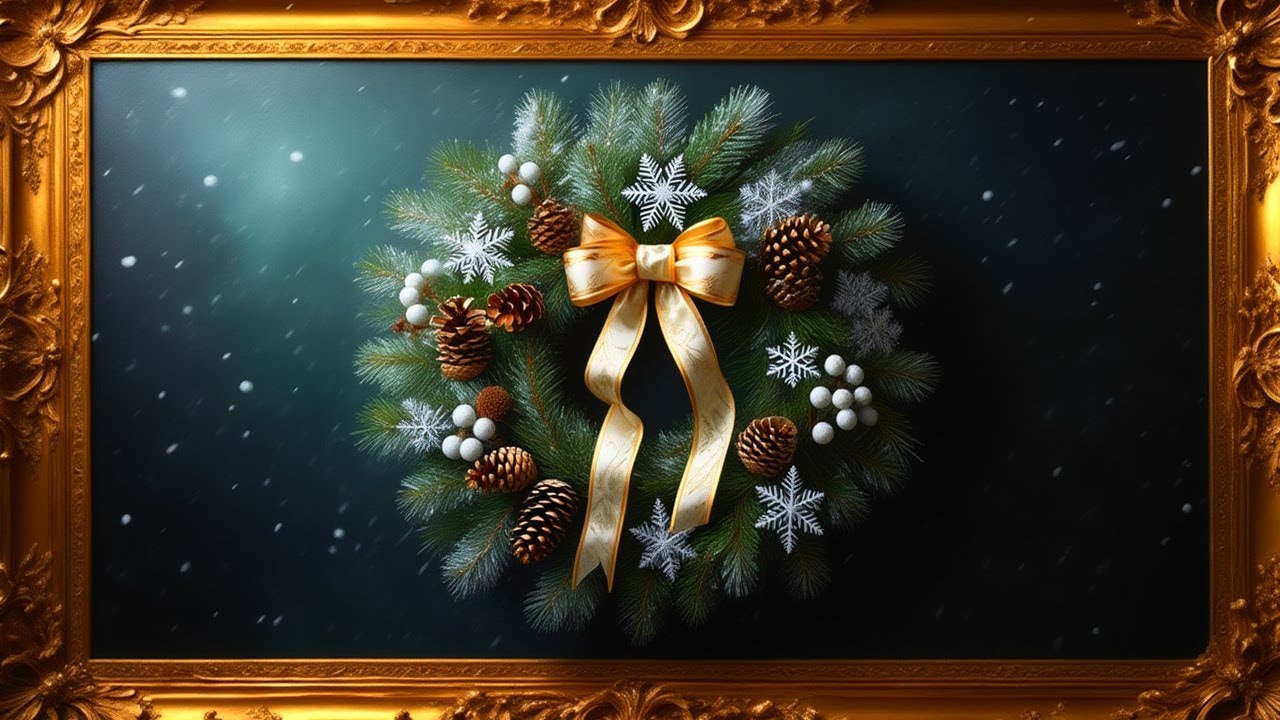 Moody Christmas Wreath in Gold Frame Best  | Old Money Holiday TV Art Screensaver