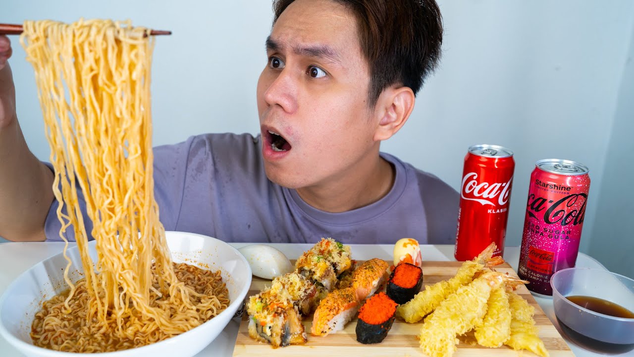 ASMR FOOD! MAGGIE, SUSHI, TEMPURA & COKE! EATING SOUNDS!