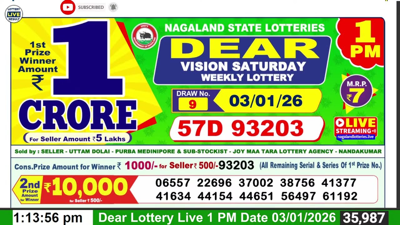 DEAR LOTTERY SAMBAD LIVE VISION SATURDAY 1PM MORNING 03 JANUARY 2026