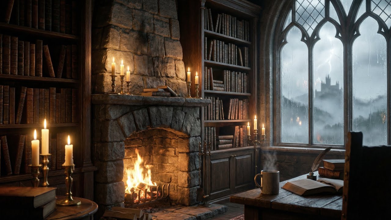 Cozy Gothic Fireplace Ambience | Candlelit Library Window View | (1 Hour) | Loop #02