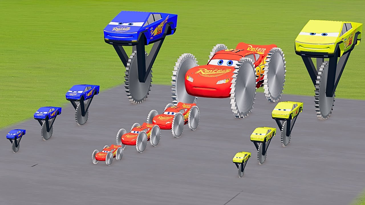 Big & Small Lightning Mcqueen Saw Wheel Cars vs Thomas Train BeamNG.drive