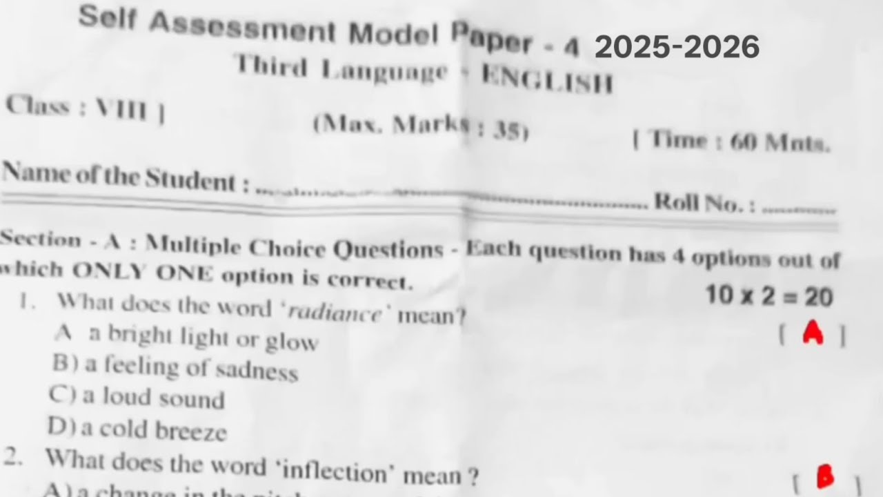 8th class fa4 English question paper answer key self assessment model 4 english model paper 2 