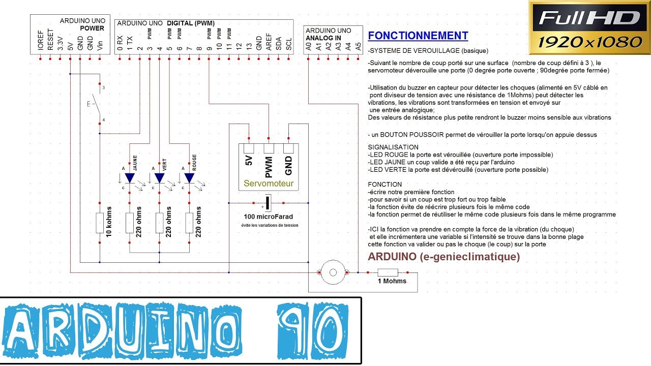 Arduino90-Présentation schéma électrique d'un système de verrouillage avec 1 servomoteur et 1 buzzer
