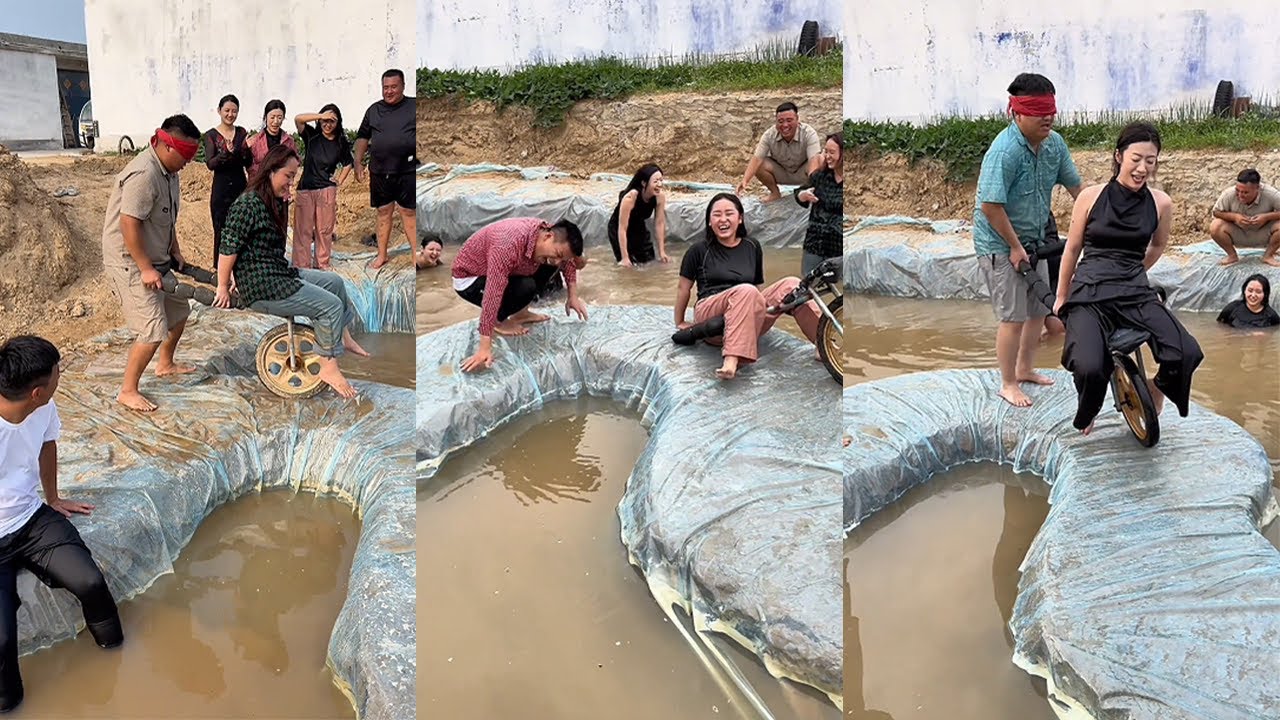 Homemade water park in rural area, blindfolded pushcart challenge in S-curve.#funny#hilarious