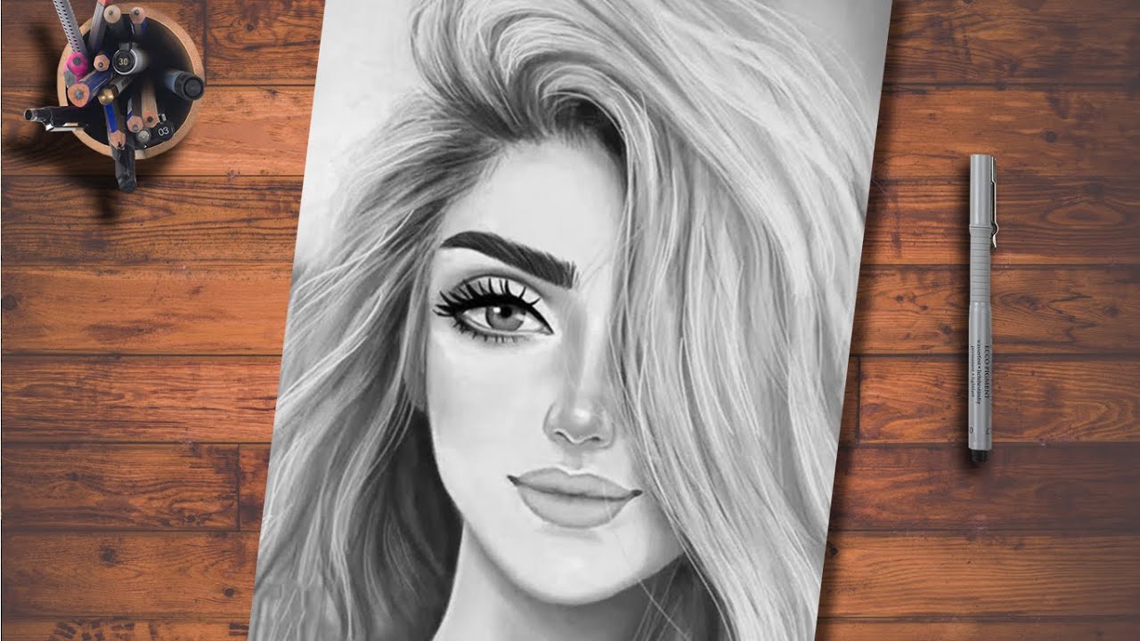 رسم سهل | تعليم رسم بنت كيوت مع شعر طويل سهل بالرصاص خطوه بخطوه للمبتدئين بطريقة سهلة | رسم بنات سهل