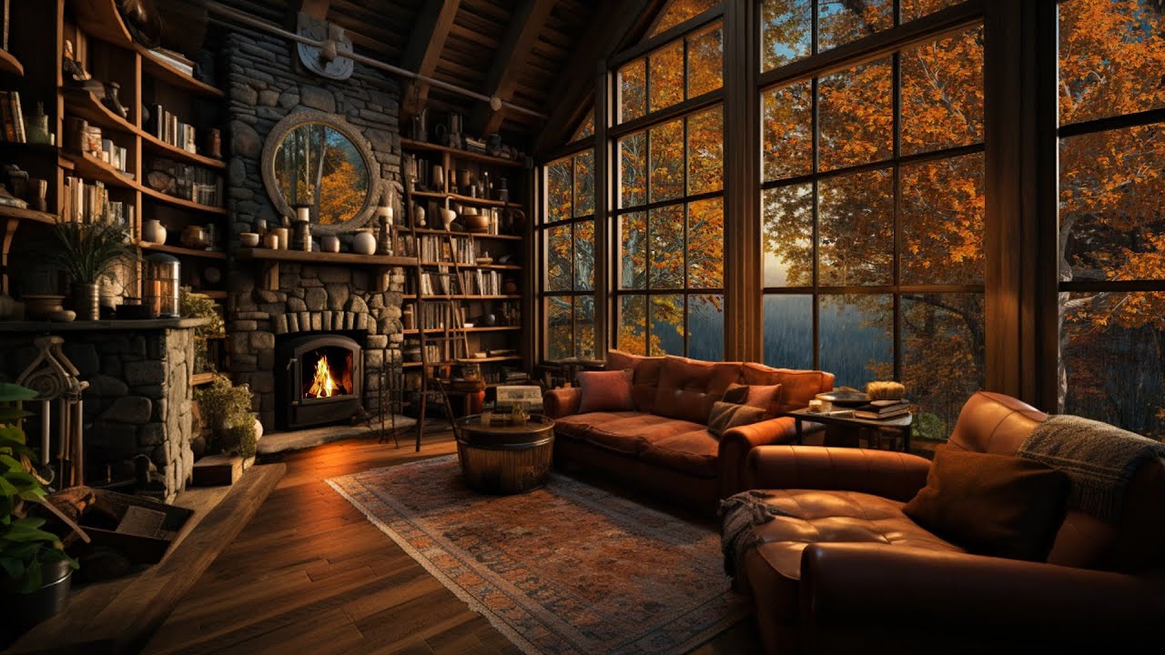 Dreamy Autumn Escape 🍁 A Cozy Room with Rainfall and Fireplace Glow