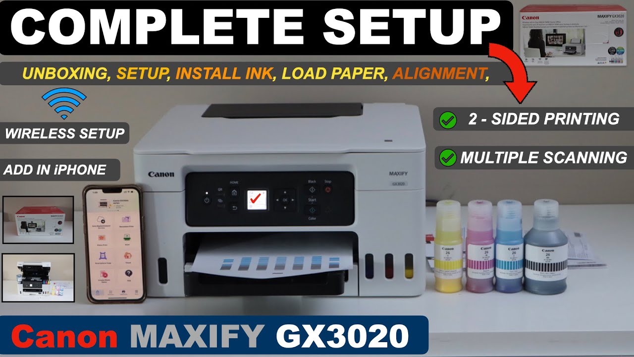 Canon MAXIFY GX3020 Setup, Install Ink, Alignment, Wireless Setup, 2-Sided Printing & Test Scanning.