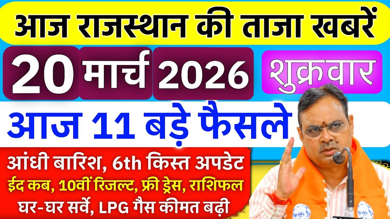 आज 20 March 2026 ताजा खबरें | आंधी बारिश अलर्ट, CM 6वीं किस्त अपडेट, LPG गैस रेट बढ़ी, फ्री स्कूटी
