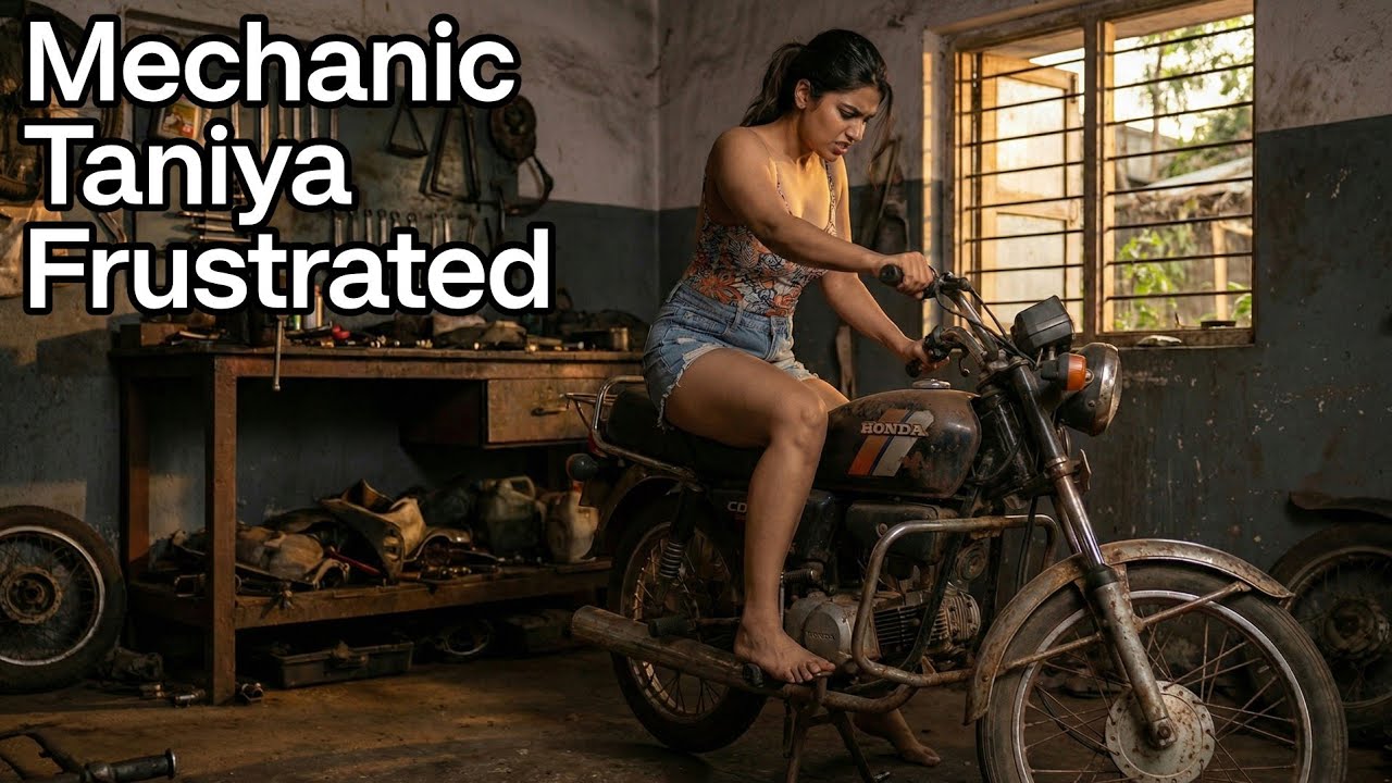 Mechanic Taniya frustrated with that old motorcycle