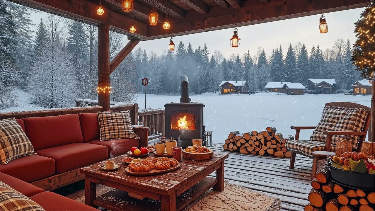 Winter Porch Jazz Bliss ❄️ Cozy Smooth Jazz & Fireplace Ambience for Snowy Evenings