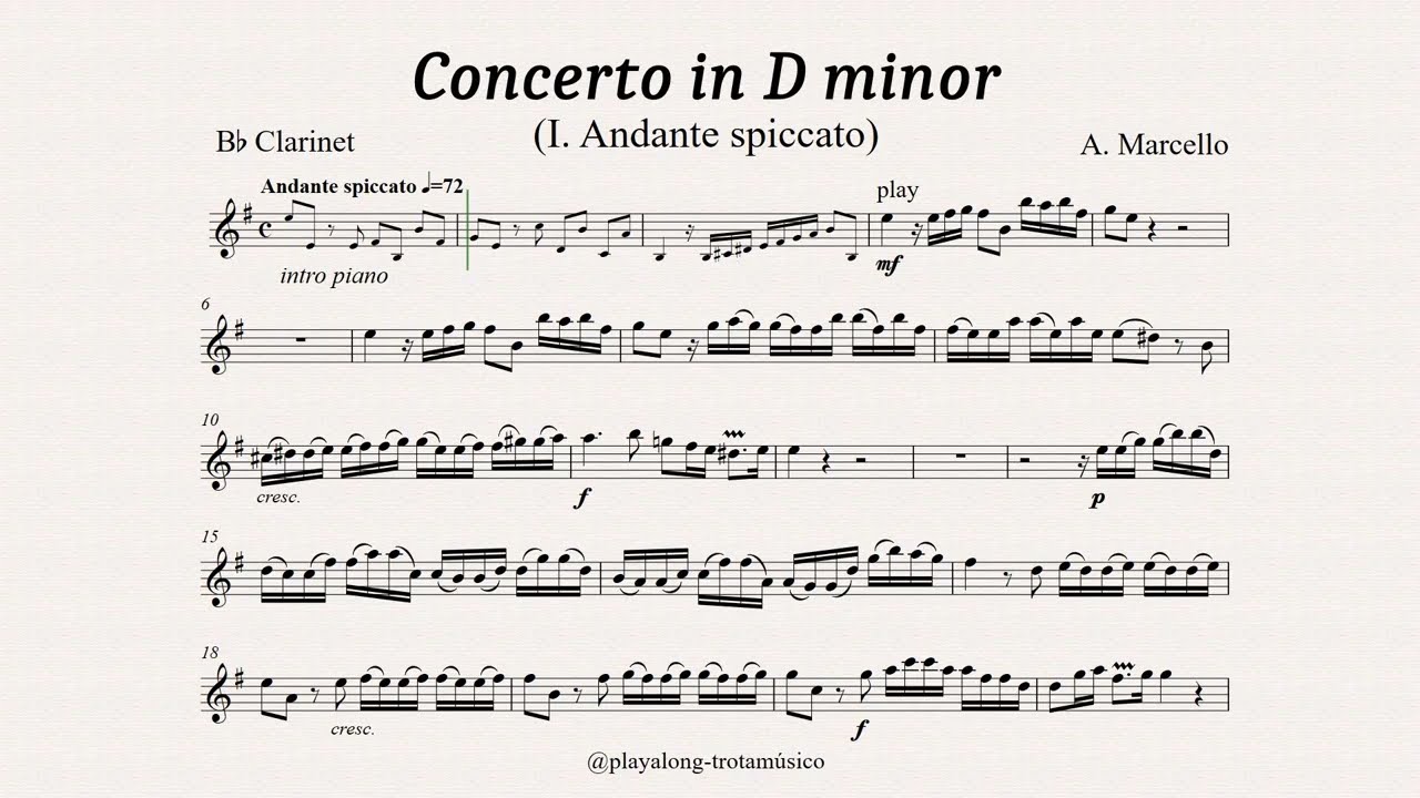 Marcello - Concerto in D minor (I Andante spiccato) for Clarinet and Piano - Sheet music & Playalong