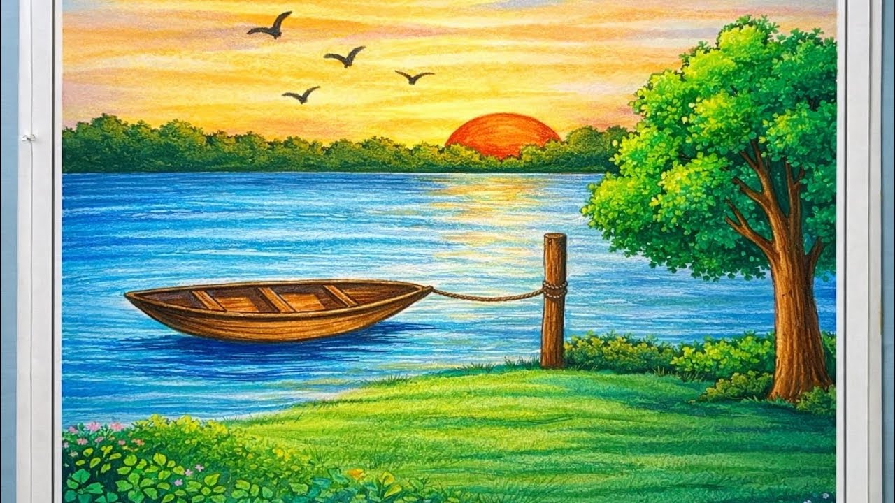 beautiful river drawing with boat || easy drawing 