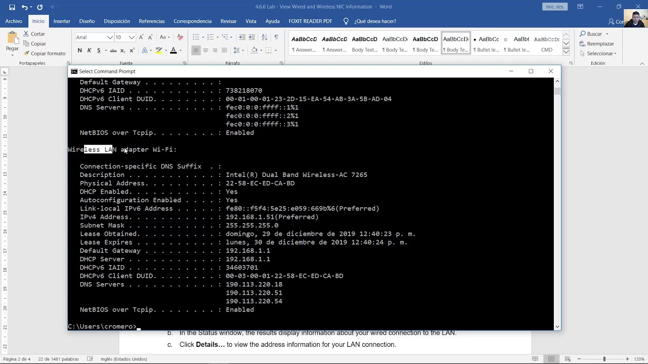 4.6.6 Lab - Vea la Información de las NIC Cableada e Inalámbrica