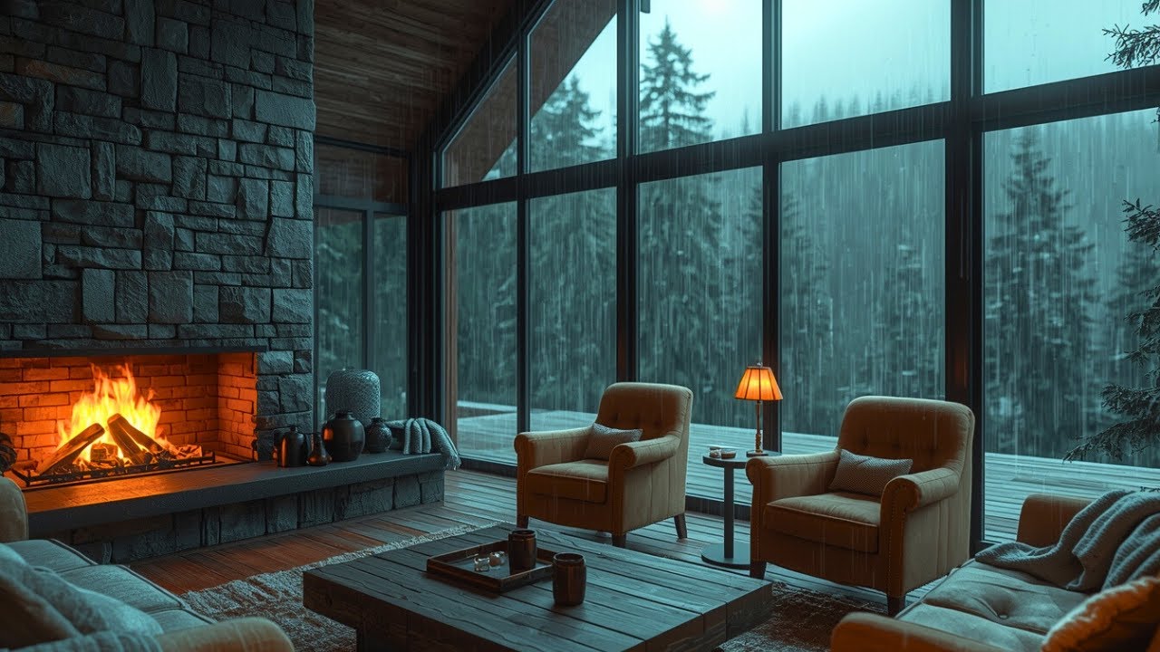 Heavy Rain on Luxury Cabin Glass Windows 🌧️🔥 Cozy Fireplace Ambience for Sleep