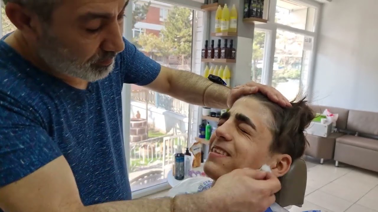 BEARD SHAVING WITH ZAZA MACHINE, FACE PEELING, EAR MASSAGE, RELAXING HAIR MASSAGE WITH LOTS OF FOAM