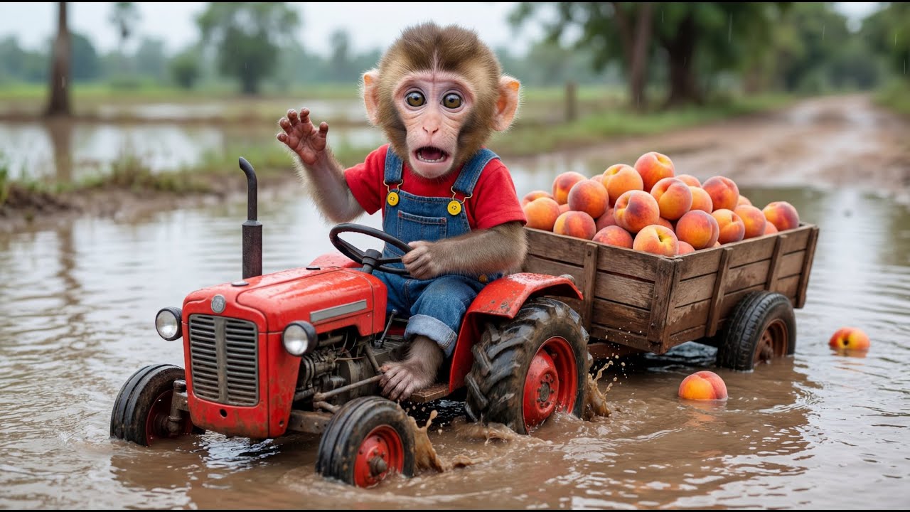 Monkey NaNa’s Tractor Gets Stuck in Flooded Road — His Smart Move Saves All the Peaches! 😱🍑