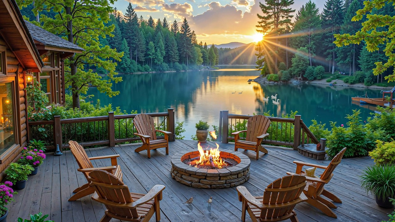 Soothing Piano Music Riverside Porch in Woods 🌺🔥 Crackling Fire Pit & Birdsounds to Study, Work
