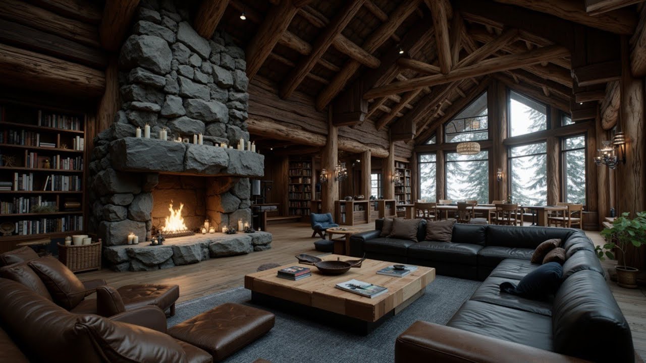 Cozy Fireplace Jazz For Relaxing & Work | Rustic Lodge Jazz Music For Working & Studying Time