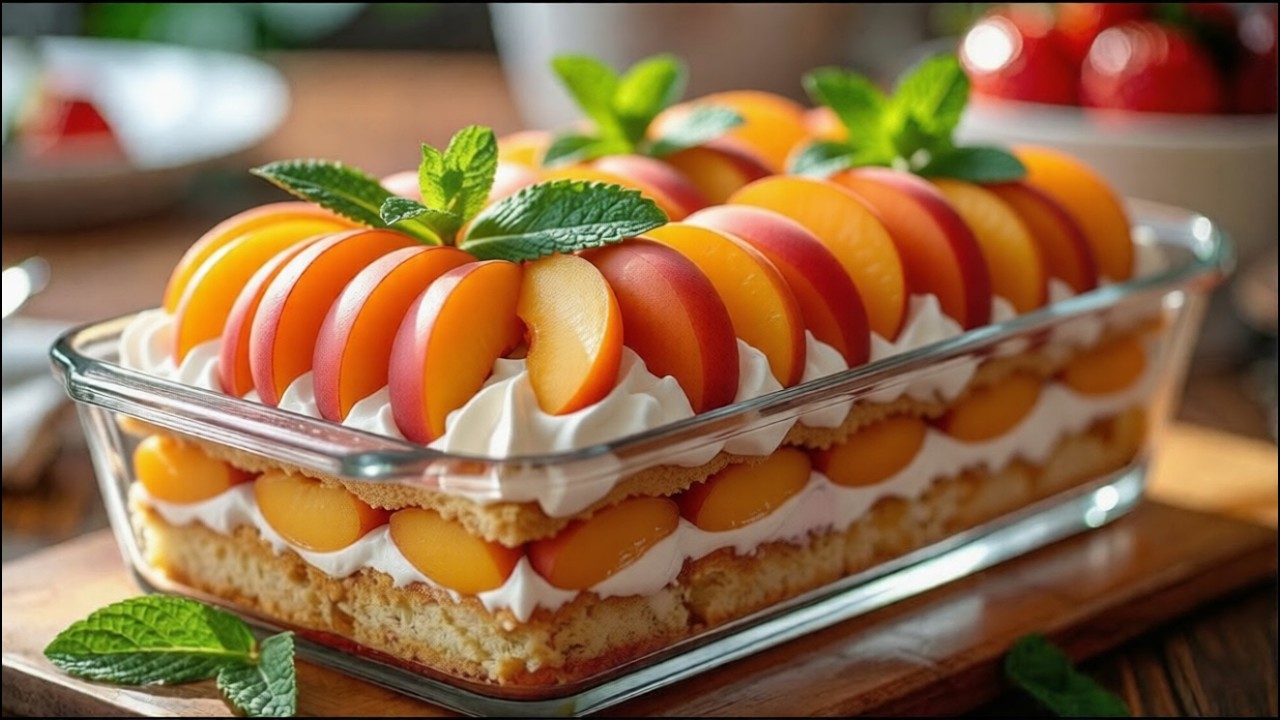 Nur 2 Zutaten! kondensmilch mit Pfirsichen! Dessert in 10 Minuten! Kein Backen erforderlich!