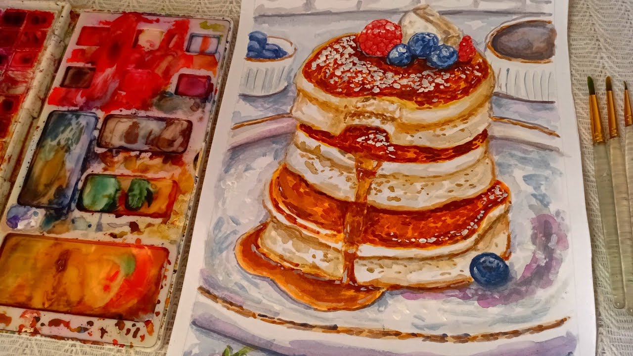  Cozy Paint with me || Food Art, Relaxing [Fluffy SoufflePancakes] 🎨☕🥞