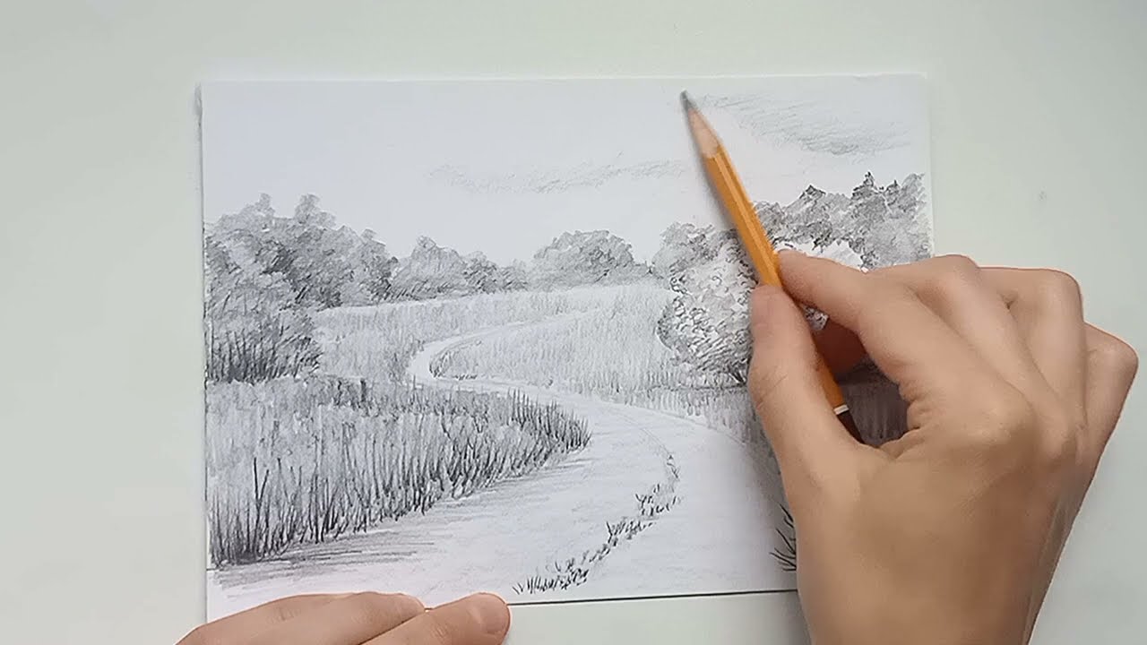 Простой пейзаж с дорогой. Пейзаж карандашом