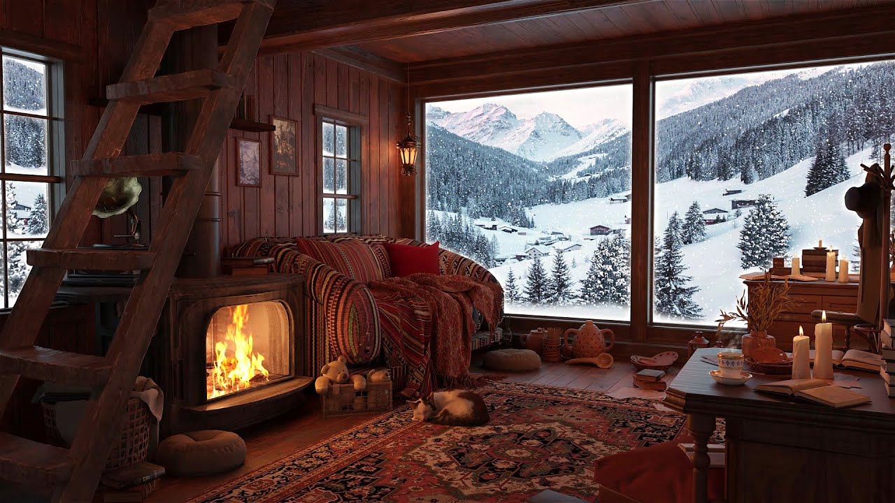 Relaxing Snow on Window with Fireplace / Deep Sleep, Fall Asleep, Insomnia, Sleep Better