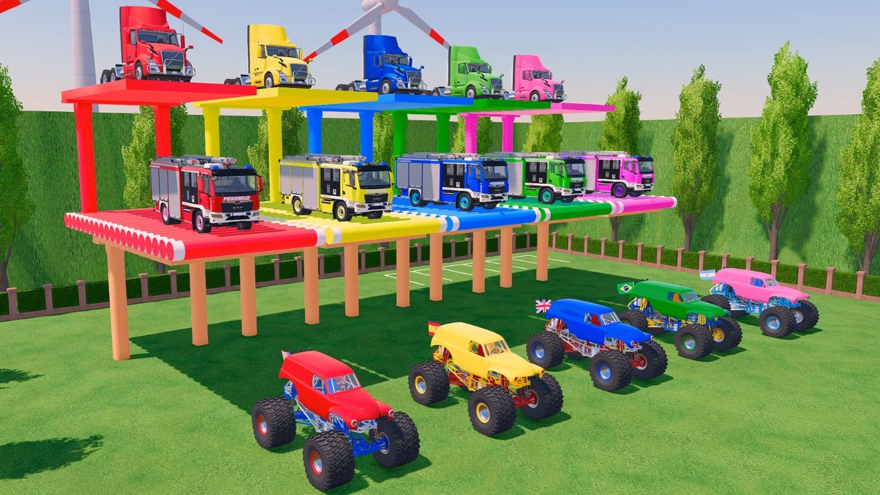 Transporting With Colors - Giant Trucks Carrying Monster Trucks Then Fire Trukcs #49 - FS22