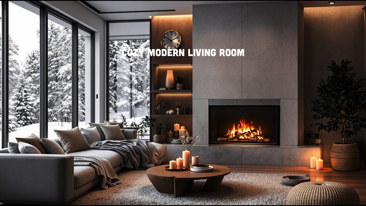 Modern Cozy Winter Living Room Ambience ❄️🔥 | Lofi Vibes, Gas Fireplace & Snowfall