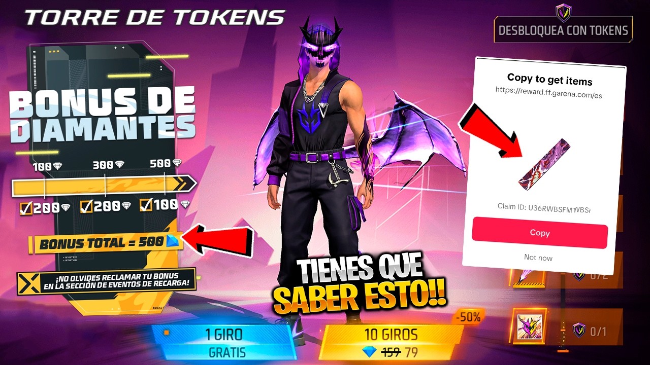 RAPIDO LLEGO BONUS DE DIAMANTES GIRO GRATIS EN TORRE DE TOKENS DROPS DE TIK TOK Y MAS FREE FIRE