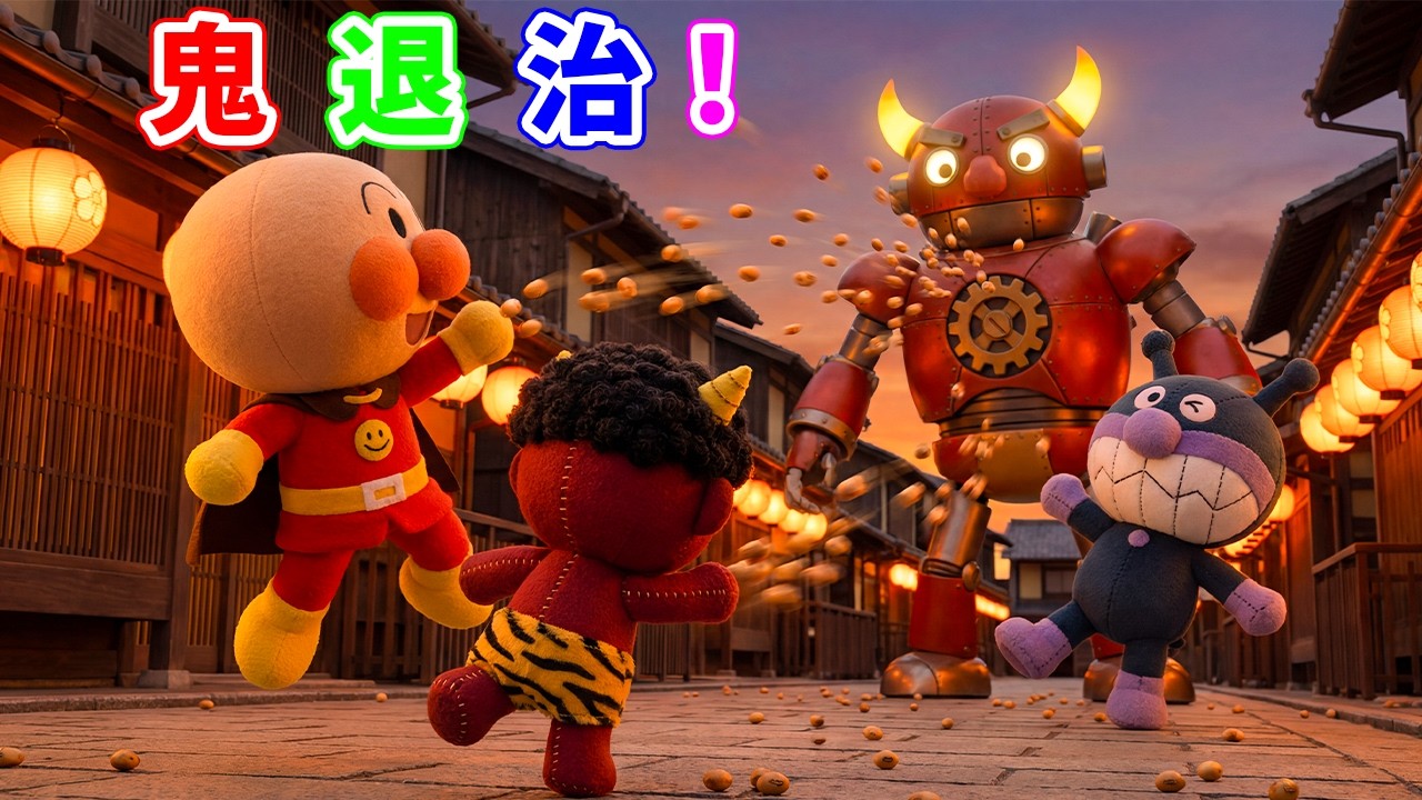 巨大オニロボ鬼退治バトル！アンパンマンと赤鬼の豆まきで鬼退治！まめパワーで大逆転！？みんなでがんばれ！【こども向けアニメ】#anpanman #アンパンマン