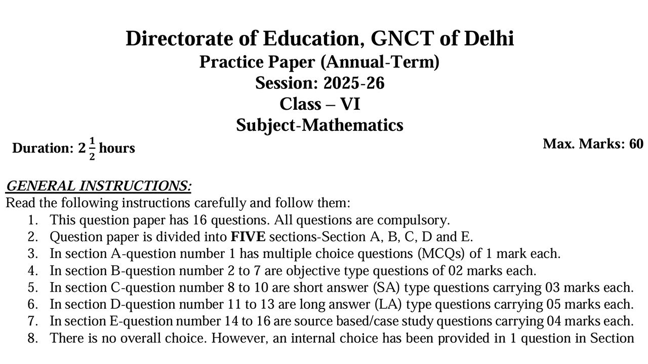 Class 6 Maths DOE Practice Paper Solution | 2025 - 2026