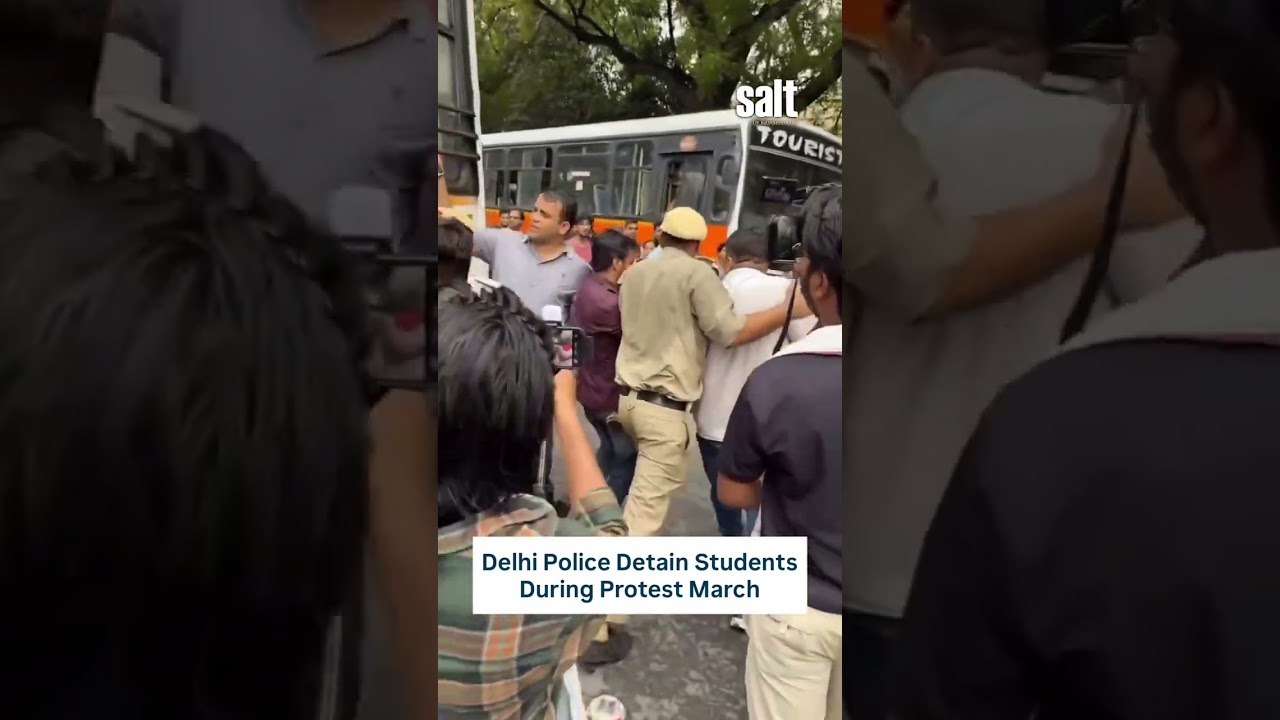 Delhi Police detained students during the protest march in Delhi.