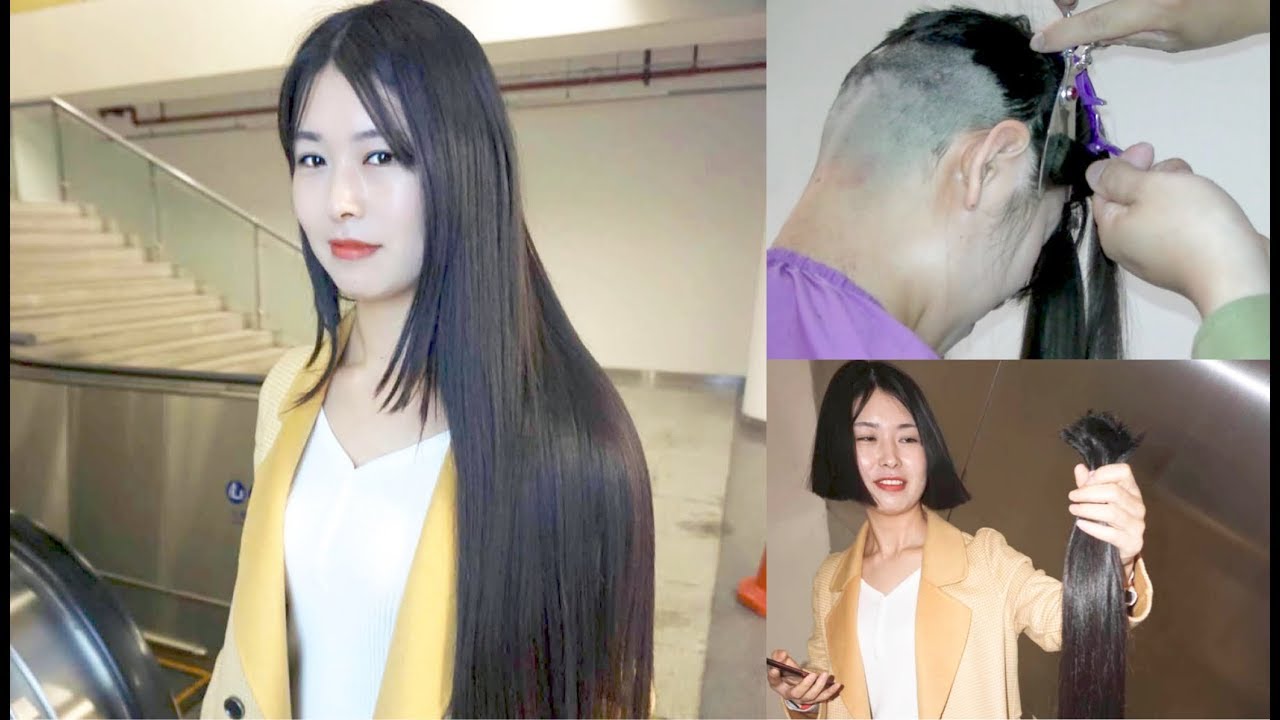 Long To Short Chinese Beatuy haircut H7 sample 黒髪ロングヘアーバッサリ断髪刈上げました。