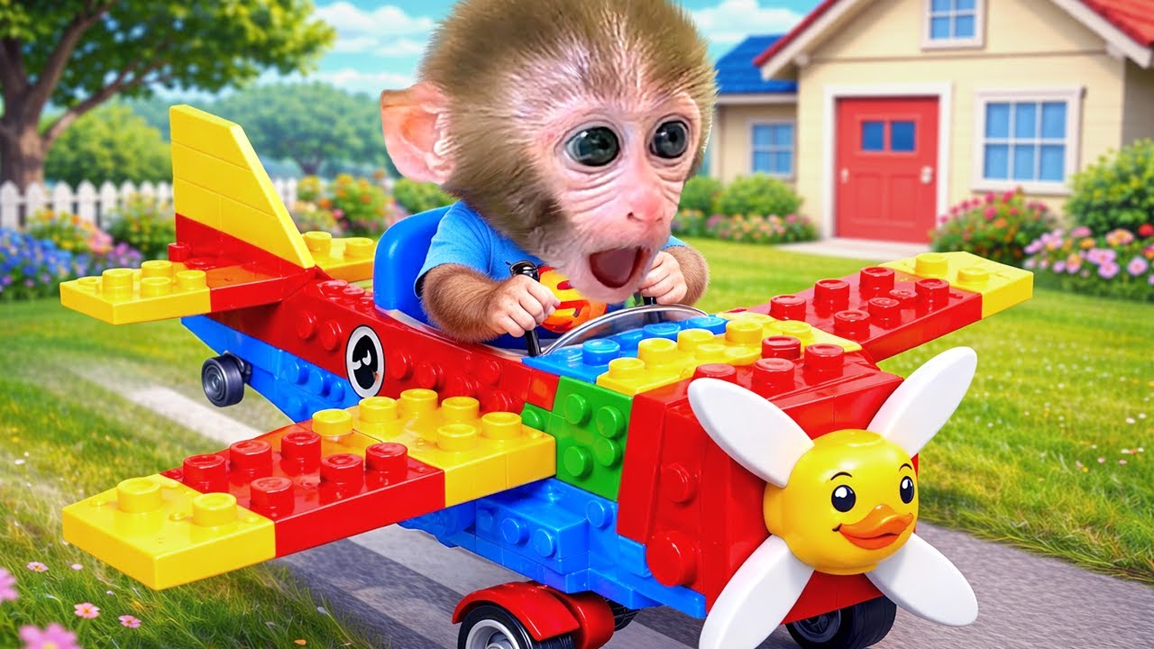 El mono Bonbon usa bloques de construcción de colores para ensamblar un avión mágico y divertido